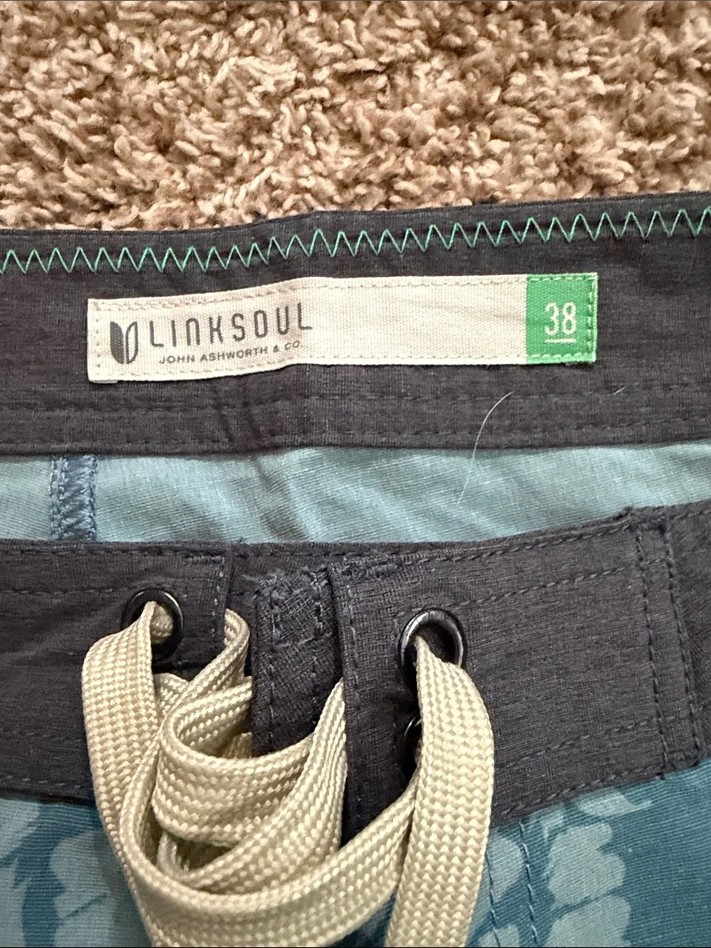 Linksoul Teal Floral Board Shorts with Black Waistband and Cream Drawcord